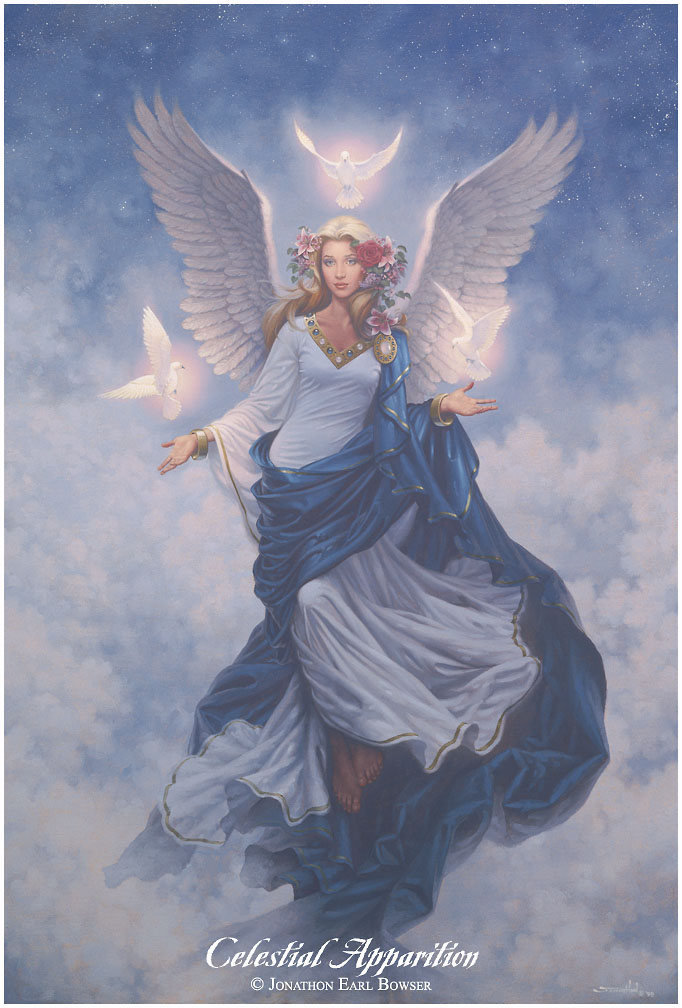 ...an oil painting of a Eternal Angel, hovering in the heavens with a Trinity of White Doves...